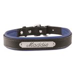 LARGE BLACK / BLUE PADDED LEATHER DOG COLLAR W / PLATE