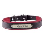LARGE BLACK / RED PADDED LEATHER DOG COLLAR W / PLATE