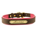 LARGE HAVANA / PINK PADDED LEATHER DOG COLLAR W / PLATE