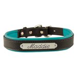 SMALL BLACK / TURQUOISE PADDED LEATHER DOG COLLAR W / PLATE
