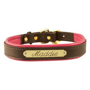 EXTRA LARGE HAVANA / PINK PADDED LEATHER DOG COLLAR W / PLATE