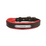 SMALL BLACK / RED METALLIC PADDED LEATHER DOG COLLAR W / PLATE