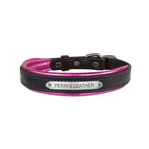 EXTRA LARGE BLACK / METALLIC PINK PADDED LEATHER DOG COLLAR W / PLATE