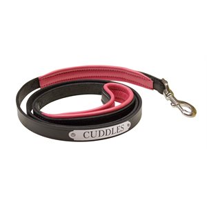 BLACK / PINK PADDED LEATHER DOG LEASH W / PLATE