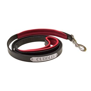 BLACK / RED PADDED LEATHER DOG LEASH W / PLATE